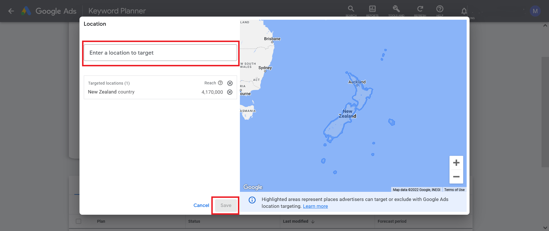 Location Selection in Google Ads Keyword Planner