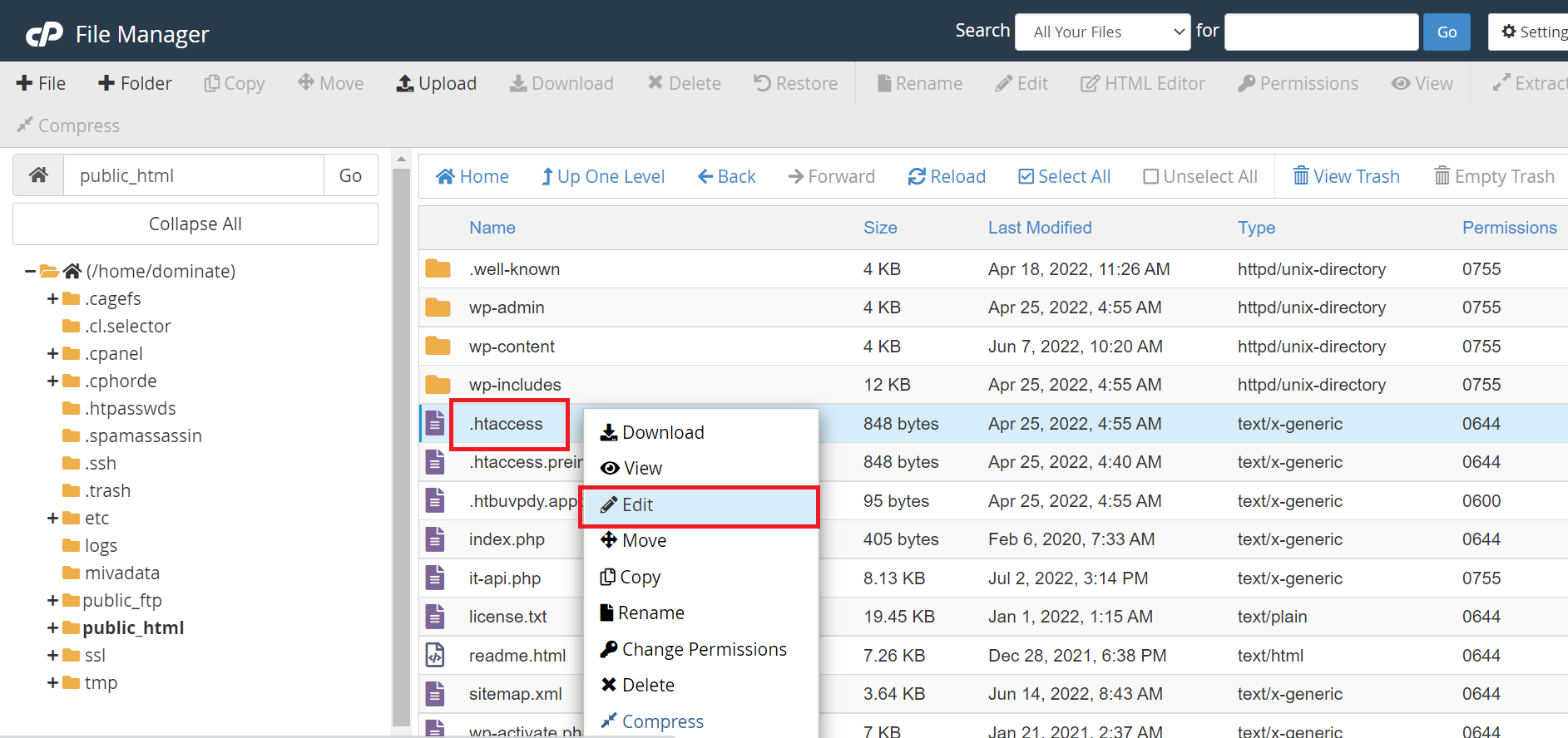 Finding the htaccess file in File Manager of Cpanel
